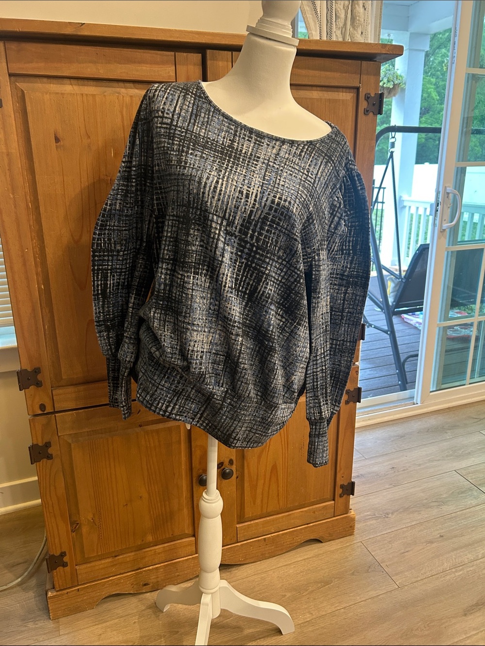 AB Studio Blue, Black & Charcoal Crosshatch Knit Top